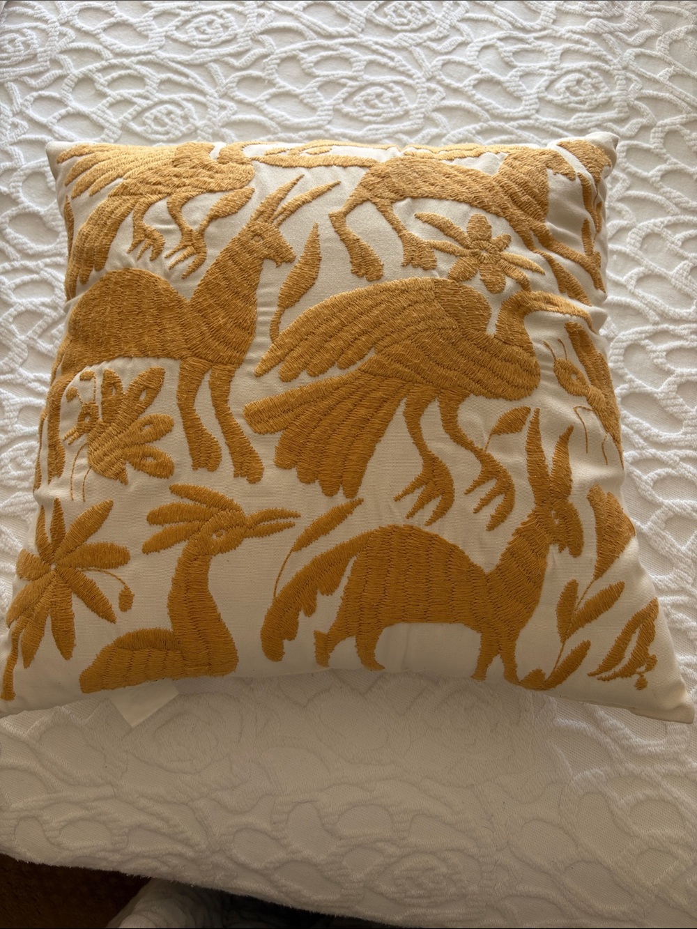 Pottery Barn Mustard Yellow Embroidered Animal Motif Accent Pillow